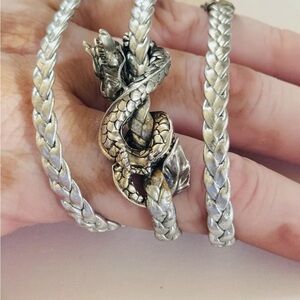 John Hardy 925 Naga Dragon on a Silver Leather Braided Triple Wrap Bracelet